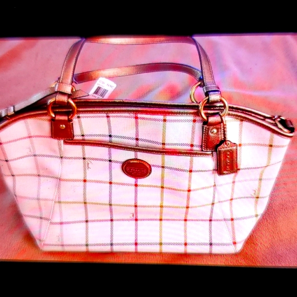 Coach Plaid Peyton Tattersall White Leather Tote - Picture 1 of 6